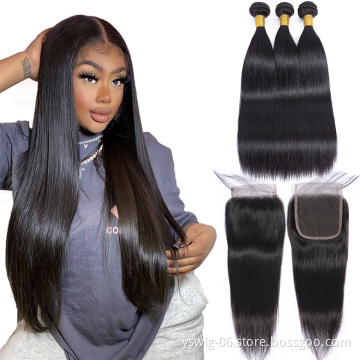 China Factory Supply Unprocessed 100% Mink 1b# Straight Brazilian Virgin Cuticle Aligned Hair and 4x4 Lace Closure in One Pack
